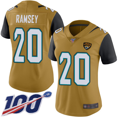 Nike Jacksonville Jaguars 20 Jalen Ramsey Gold Women Stitched NFL Limited Rush 100th Season Jersey